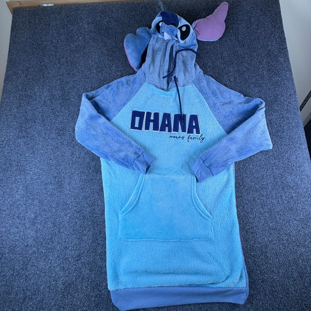 Disney Lilo & Stitch Ohana Blue Faux Fur Fleece Hoodie Dress Womens Medium 4371